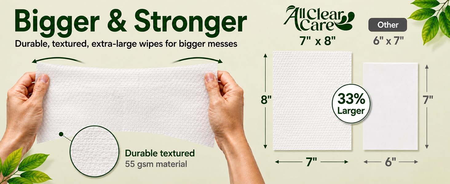 Bigger and stronger baby wipe. extra large for bigger messes. 33% larger and 55gsm thick
