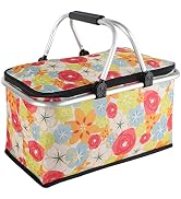 KEFOMOL Insulated Picnic Basket,Collapsible Cooler Bag,32L Grocery Basket with Lid,2 Sturdy Handl...