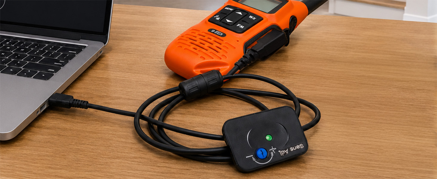 Orange FRS-A1 connected to APRS-K1 PRO audio interface on desk