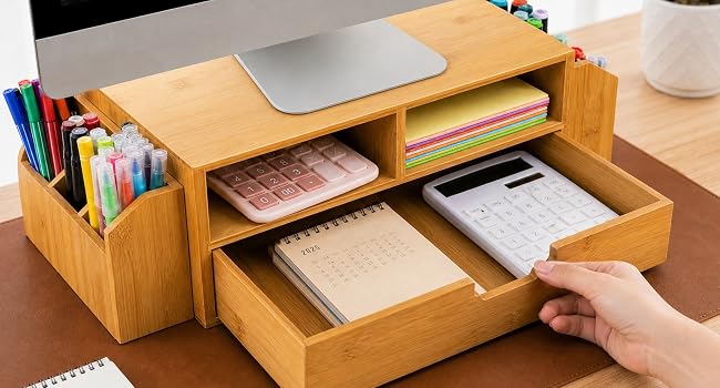Bamboo Desktop Organizer, Desk Monitor Stand Riser with 1 Drawer and 2 Pen Holder