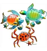 GIFTME 5 Metal Beach Wall Art Decor Set of 3 Metal Seaturtle Fish and Crab with Stained Glass Wal...