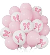 Pink Bow Balloons, 50PCS 12 Inch Pastel Pink and White Bow Print Balloons, Coquette Girly Party D...