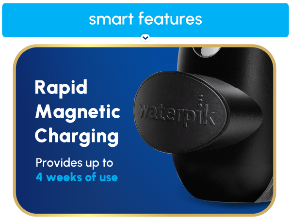 Image of Waterpik Cordless Advanced water flosser charger with text reading rapid magnetic charging.