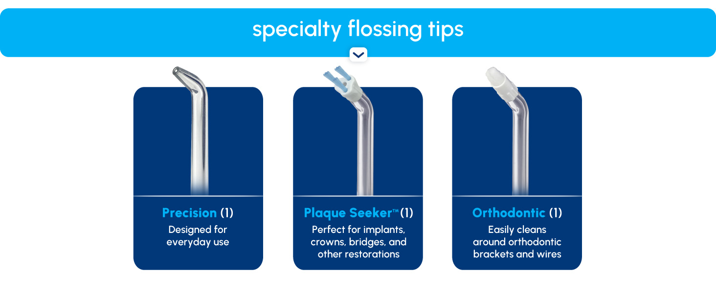 Image of Waterpik tips with text reading specialty flossing tips.