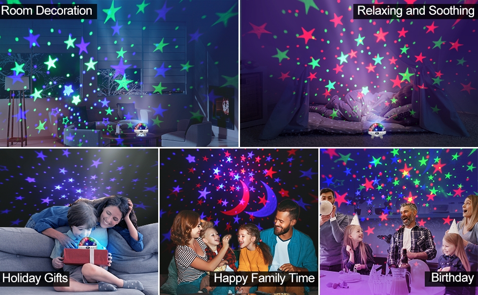 Star projector light displaying colorful stars on walls and ceiling, shown in multiple settings with blue and multicolored star patterns.