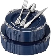 Goodluck 250 PCS Vintage Navy Blue & Silver Plastic Plates with Cutlery Set - Serves 50 - Heavy D...