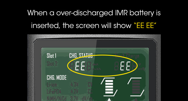 THe UMS2 showing the "EE EE" symbols to show the IMR battery is over-discharged.
