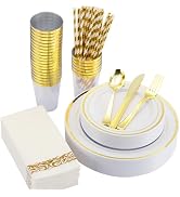 ISFANGCO 200 Pieces Plastic Plates, Disposable Silverware for 25 Guests, Dinnerware Set (Gold)