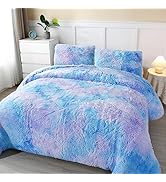 PERFEMET Twin Faux Fur Plush Bedding 3 Piece Soft Fluffy Shaggy Girls Comforter Set Colorful Tie ...