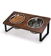 Elevated Deep Stainless Steel Dog Food and Water Bowl Set, Raised Pet Bowls with 15° Tilted Wood ...