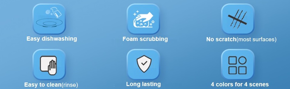 Easy dishwashing; Foam scrubbing; No scratch(most surfaces); Easy to clean(rinse); Long lasting;