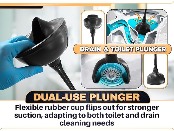 Gloved hand grips the black plunger of a 2 in 1 toilet plunger and brush set over a sink drain