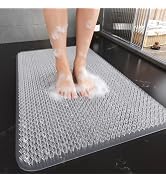 QiCaiJia Non Slip Shower Mat, 16x27 Exfoliating Foot Scrubber Mat with Suction Cups and Drain Hol...