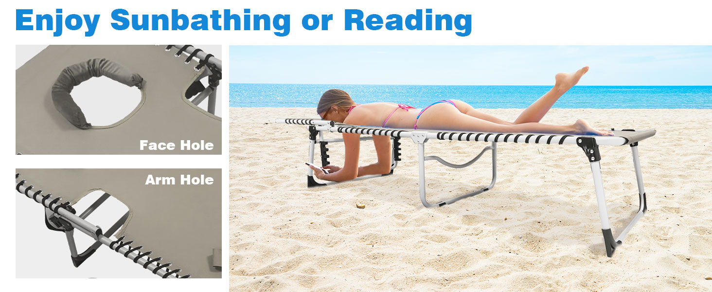 Portable beach lounger with face and arm holes, demonstrated on sandy beach. Foldable aluminum frame with striped fabric surface for comfortable sunbathing or reading while lying face down.