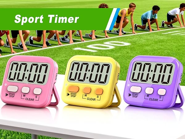 Text reads 'Sport Timer'. Multiple colored digital timers (pink, yellow, and purple) arranged in a row on artificial turf or grass surface.
