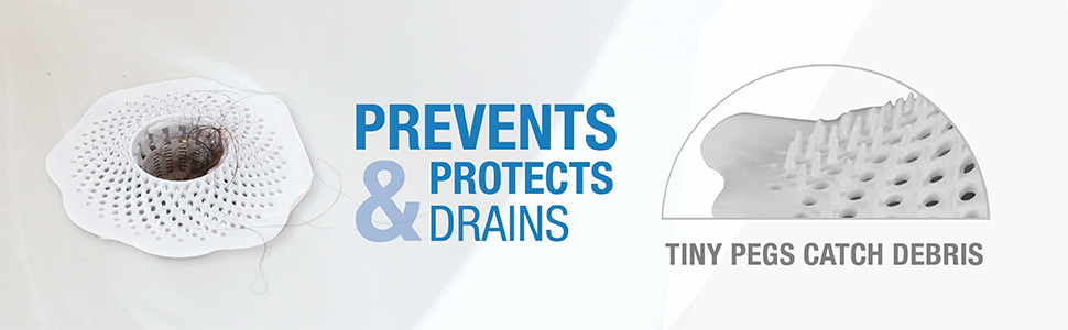 Haircatcher prevents and protects drain. Tiny pegs catch debris.