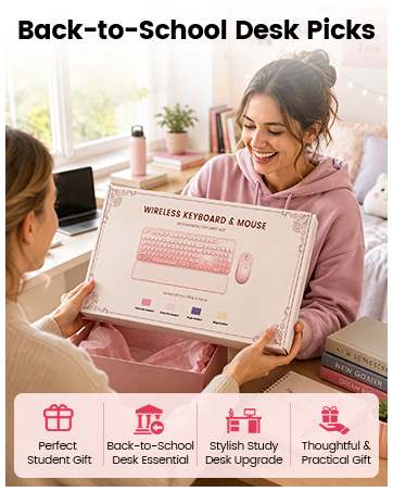 Boxed pink wireless keyboard and mouse set being given as a back-to-school desk gift.
