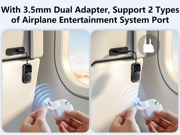 Dual-panel demonstration of 3.5mm airplane entertainment adapter being connected to port, with wireless connection indicator shown in left panel.