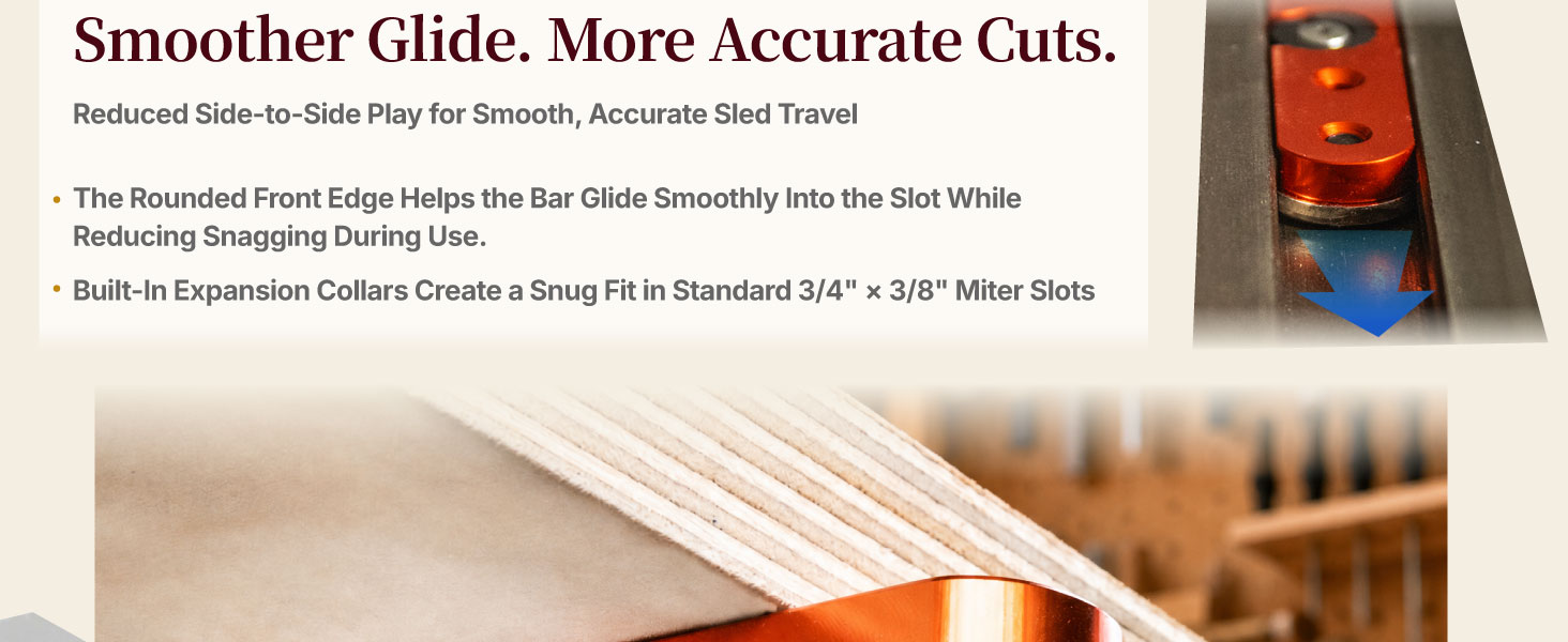 Adjustable miter bars for crosscut sleds, box joint jigs, and router table jigs.