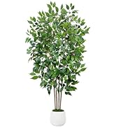 GTIDEA 6FT Artificial Ficus Tree with White Planter, Faux Silk Tree Indoor | Tall Faux Plant for ...