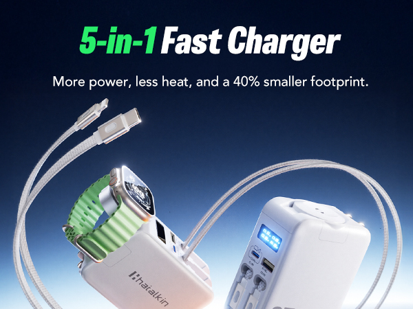 Hatalkin 5 in 1 retractable wall charger, more power, less heat, and a 40% smaller footprint.
