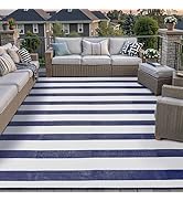 PureCozy Outdoor Waterproof Patio Rug 9x12 Plastic Straw Reversible Lightweight Outside Navy Blue...
