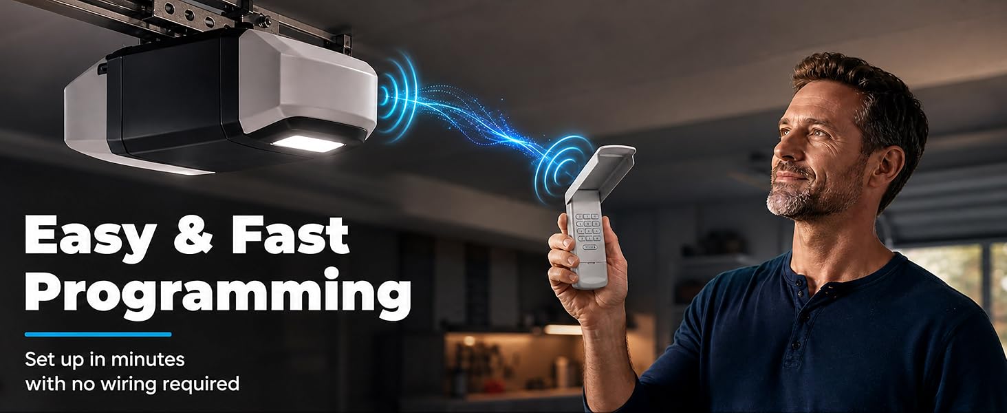 Easy to program wireless garage door keypad Simple step-by-step programming Fast pair process sync