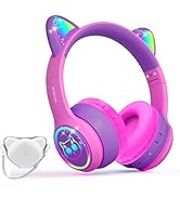 Pink and purple wireless headphones with cat ear-shaped speakers. Features colorful LED lights on ears and earcups. Small heart-shaped carrying case visible.