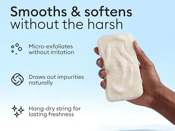 Text reads 'Smooths & softens without the harsh' with icons showing 'Micro-exfoliates without irritation' and 'Hang-dry string for lasting freshness'. Shows close-up of white textured fabric material.