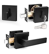 Probrico Flat Black Passage Door Lever with Single Cylinder Deadbolts Combo Pack, Modern Square L...