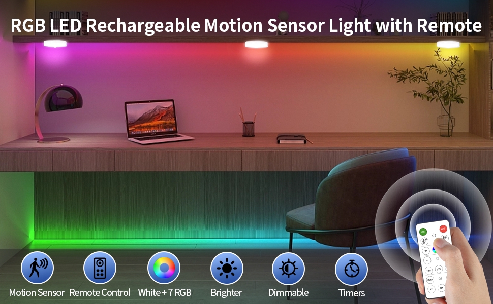 Okerich RGB LED Rechargeable Motion Sensor Light Indoor with Remote