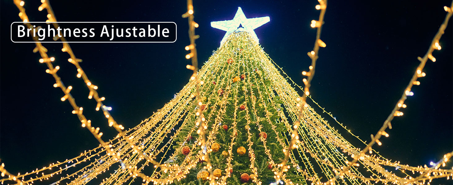 Bright LED Christmas tree light display with multiple strands forming a cone shape. Text indicates brightness is adjustable.
