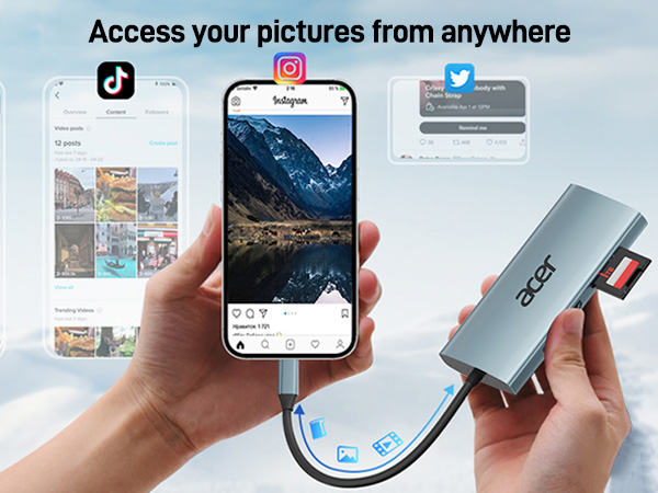 Text reads 'Access your pictures from anywhere' showing multiple devices and social media interfaces including TikTok, Instagram, and Twitter logos with photo sharing demonstrations.