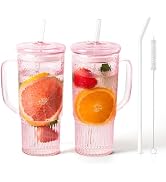 JunVpic Glass Cups with Lids and Straws,24oz Glass Tumbler with Handle Iced Coffee Cup for Hot & ...