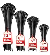 Cable Zip Ties,400 Pack Black Assorted Sizes 12+8+6+4 Inch,Multi-Purpose Self-Locking Nylon Cable...