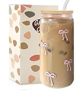 Mikopei Coquette Aesthetic Glass Cups with Lids and Straws-Pink Bow Iced Coffee Cup with Lid,Stra...