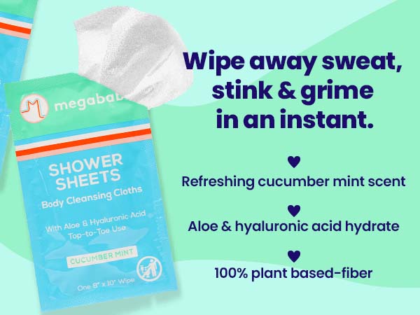 Shower sheets with caption wipe away sweat, stink & grime in an instant.