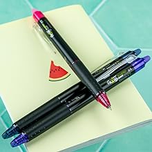Photo shows Frixion Synergy Clicker pens on a journal