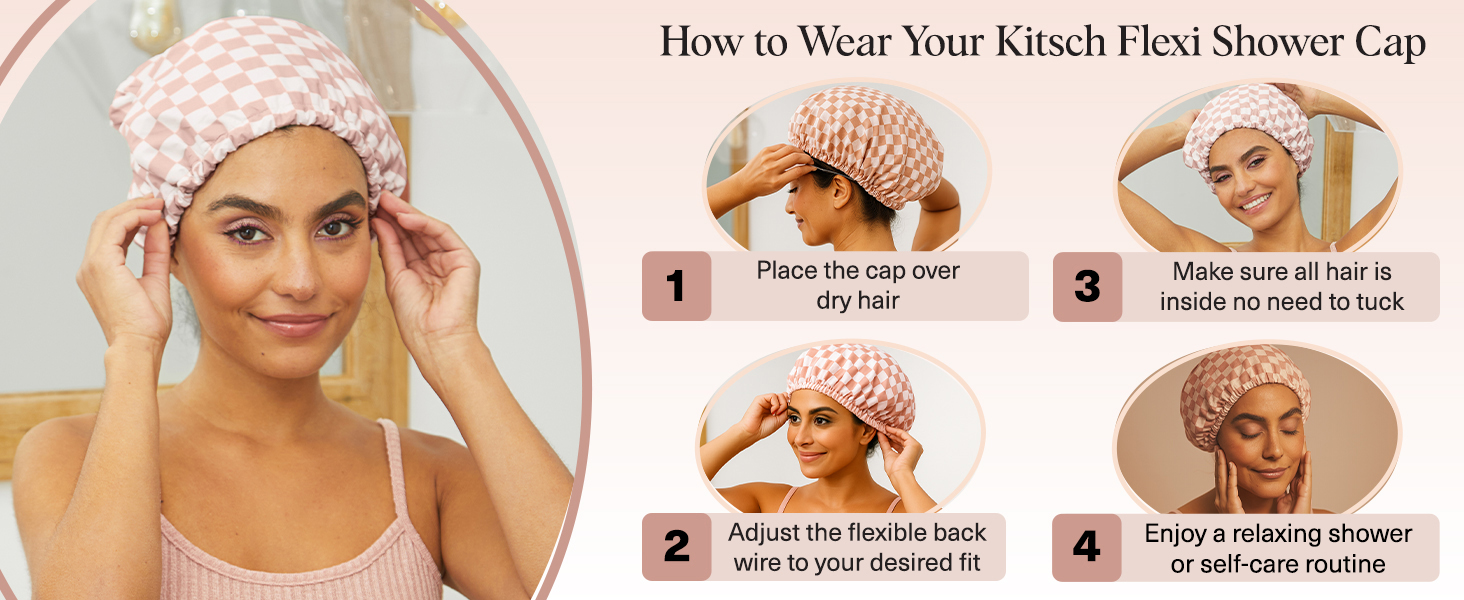 Text reads 'How to Wear Your Kooch Pedi Shower Cap' followed by four numbered steps showing instructions for wearing a shower cap.