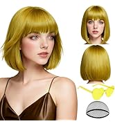 PLULON Gold Short Bob Wig with Bangs for Women, Colorful Neon Short Bob Synthetic Hair Wigs with ...
