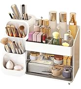 DASITON Makeup Organizer with Brush Holder for Vanity, Bathroom Countertop Organizer with 2 Drawe...