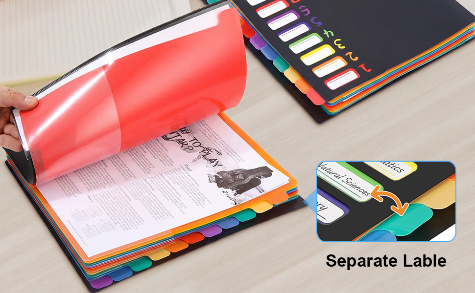Text reads 'Separate Lable'. Colorful expanding file folder shown from multiple angles, featuring rainbow-colored dividers and tabs.