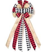 Large Christmas Tree Topper 13 x 30 Inch Red and Black Burlap Buffalo Plaid Bow Rustic Farmhouse ...