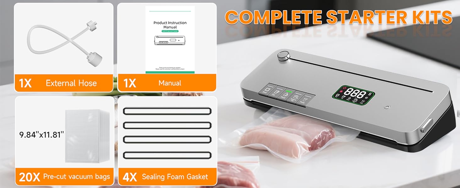 Complete vacuum sealer set, including 20 vacuum sealer bags