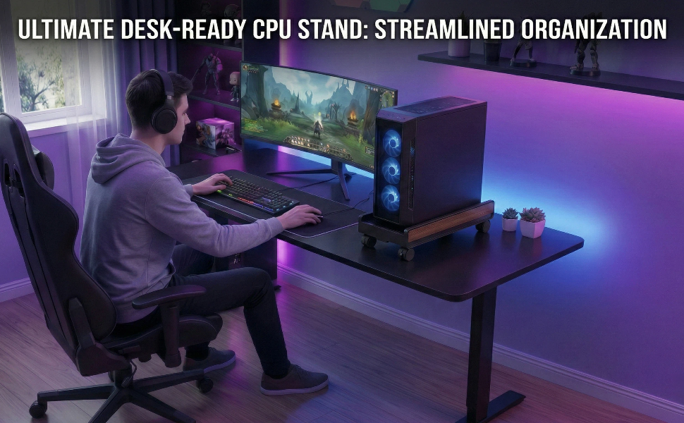 Desk-ready CPU stand with locking wheels elevates PC for airflow, tidies desk. Sturdy mobile design