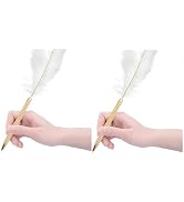 Senyango 2Pcs White Feather Pen, Feather Ballpoint Pen Black Inks Pen Wedding Signing Pen Refilla...