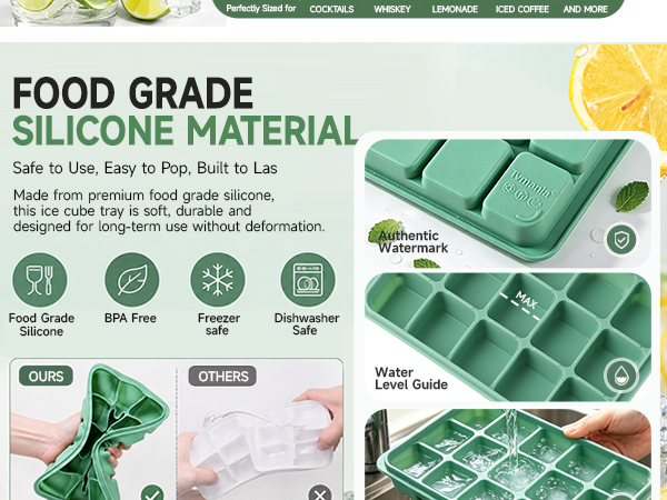 Ice Cube Trays Set of 2, 15-Cube Silicone Molds with Removable Lids