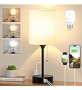 Small Bedside Table lamp for Bedroom - 3 Color Temperatures Bedside Lamps with USB C and A Ports,...