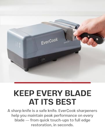 Using the EverCook knife sharpener. Text: Keep every blade at its best.