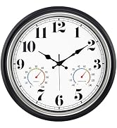 45MinST 16 Inch Silver Vintage Large Indoor/Outdoor Waterproof Wall Clock with Thermometer & Hygr...